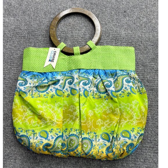 Cruise‎ Club Boho Handbag Wooden Ring Handle Green Blue Paisley Fairy Gypsy - Picture 2 of 12